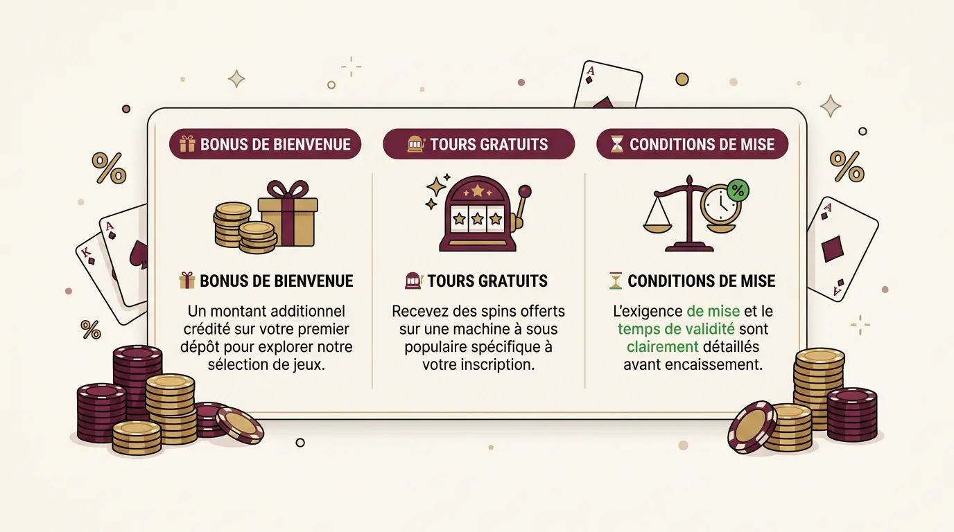 Visuel éditorial du bonus de bienvenue avec jetons, cartes et repères de conditions de mise